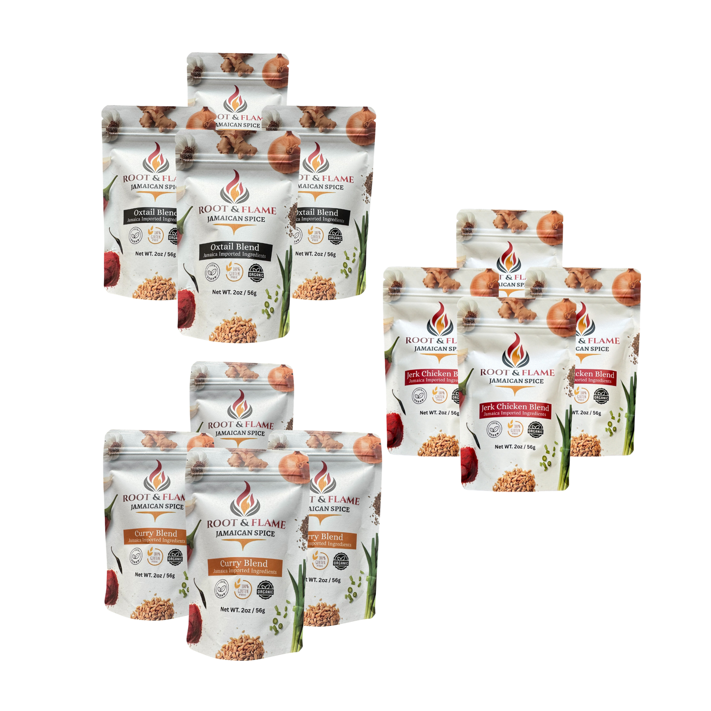 Root & Flame 12 pack of (4 Curry, 4 Jerk Chicken, 4 Oxtail)