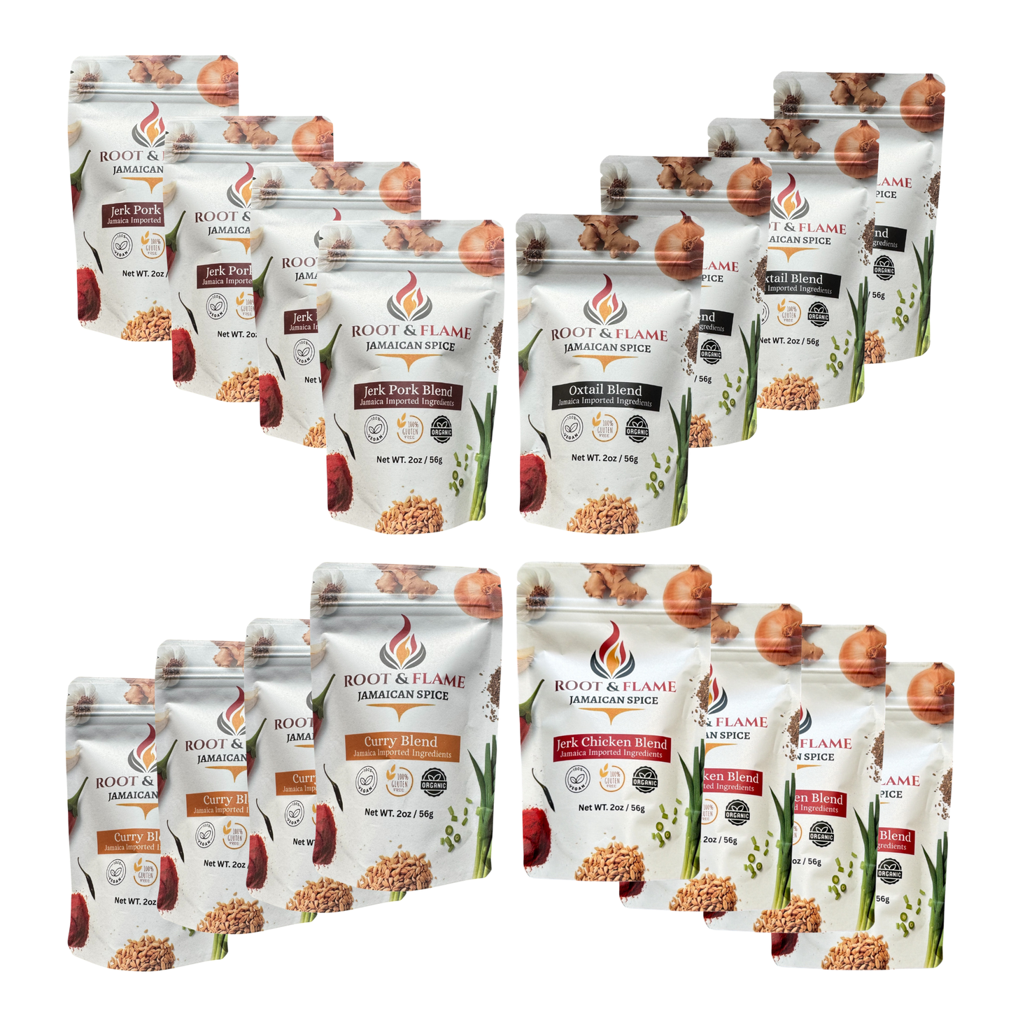 Root & Flame Bundle of 16 Pack 4-in-1 (Curry, Oxtail, Jerk Chicken, Jerk Pork)