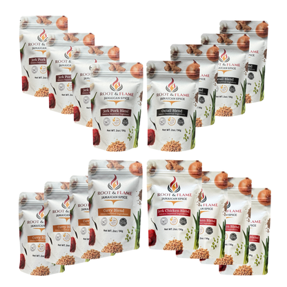 Root & Flame Bundle of 16 Pack 4-in-1 (Curry, Oxtail, Jerk Chicken, Jerk Pork)