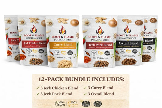 Root & Flame 12 pack of 4-in-1 (Curry, Oxtail, Jerk Chicken, Jerk Pork)